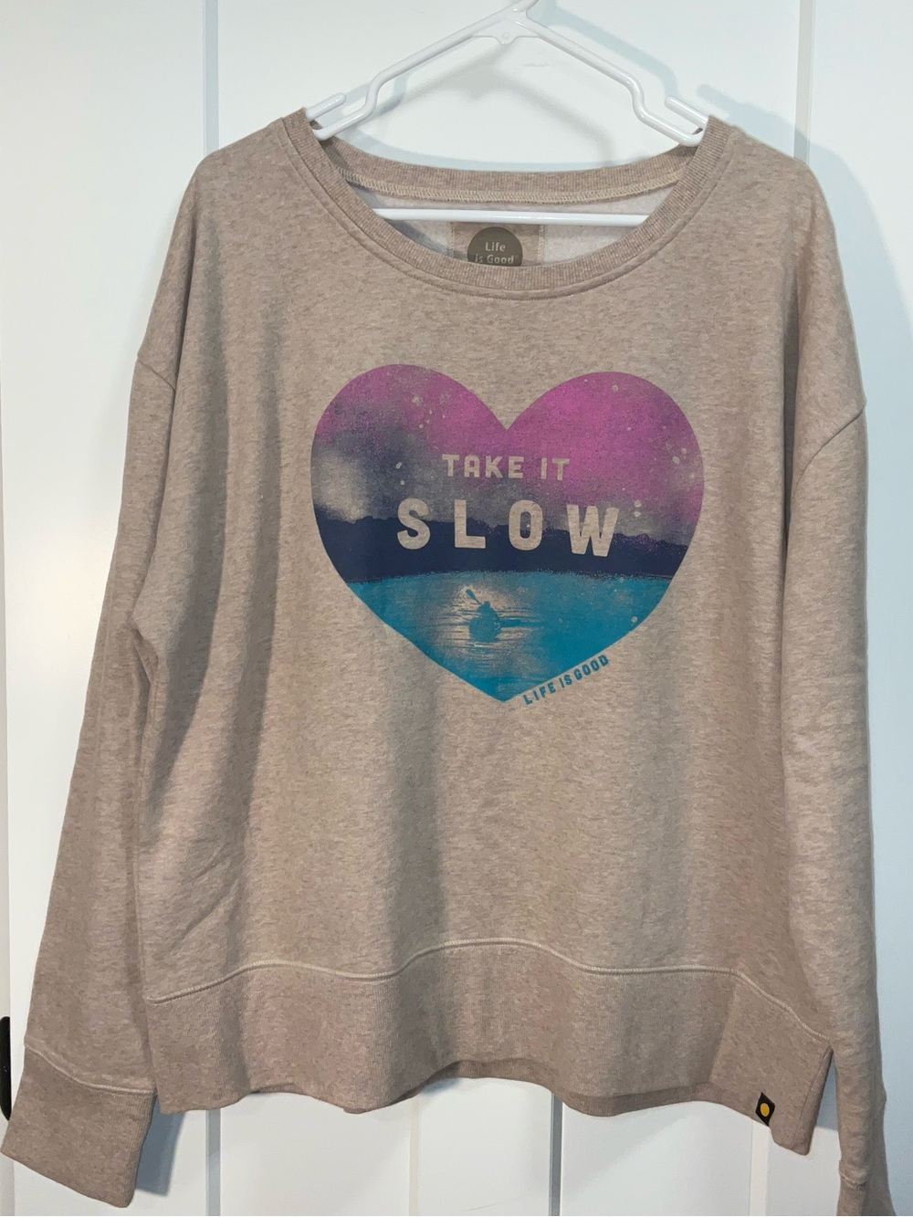 Life Is Good Beige Crewneck with Pink and Blue Heart Scenic Graphic